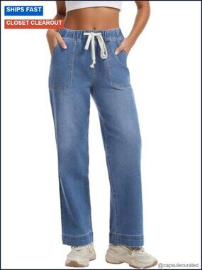 Pull-On Jeans Women Straight Leg Elastic Waist High Waisted Stretchy Denim Pants